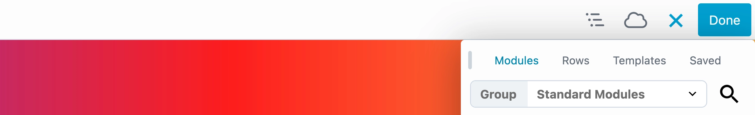 Group selection for modules, rows, template and saved content